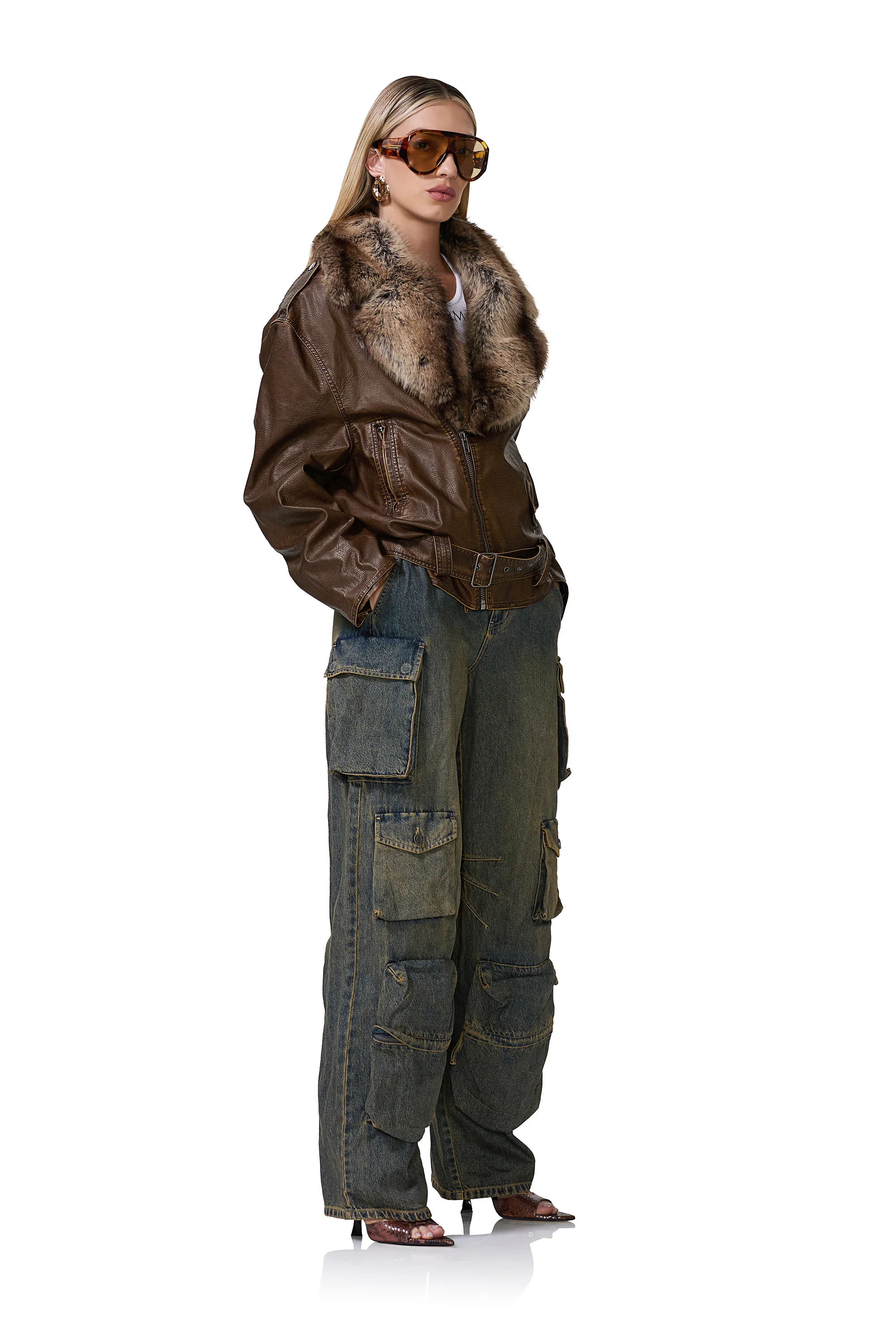 Blaise Fur Moto Jacket - Washed Brown - Image 3