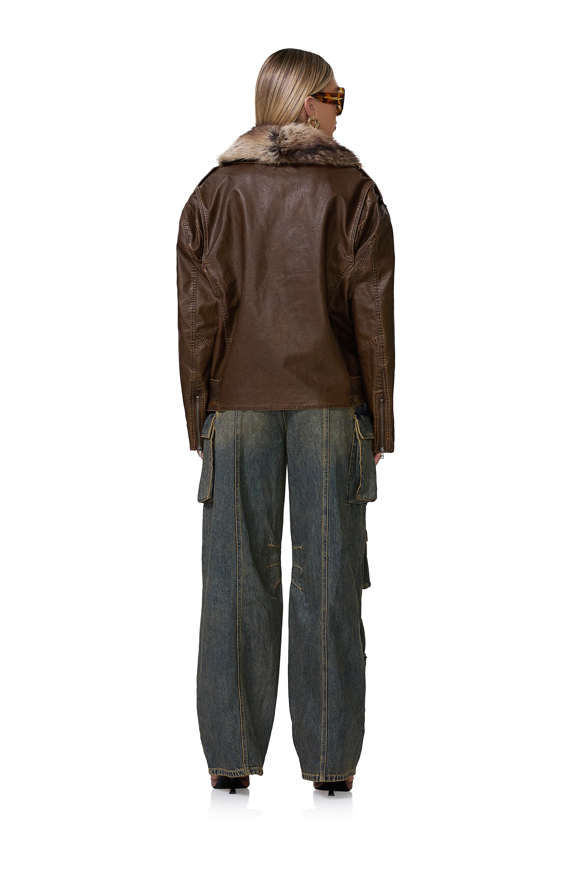 Blaise Fur Moto Jacket - Washed Brown - Image 4